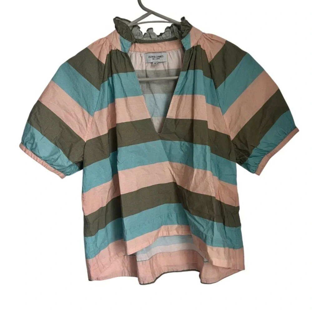 Olivia James The Label Cotton Poplin VNeck Striped Top Women's Small